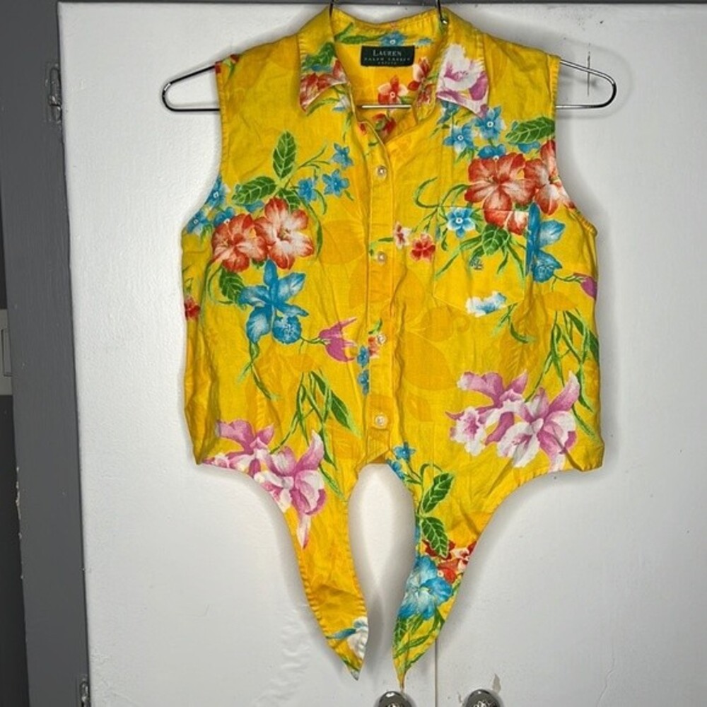 Lauren Ralph Lauren woman’s linen sleeveless button down floral Hawaiian petite